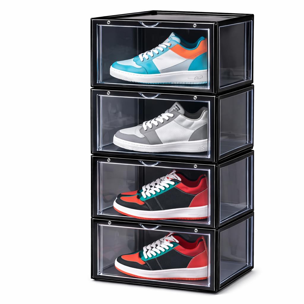 Stackable Shoe Storage Box for Sneakers, Transparent Front Drop Shoe Organizer, Plastic Sneaker Display Case, Space Saving Shoe Box for Closet Wardrobe Storage (PACK OF 4)-image-45