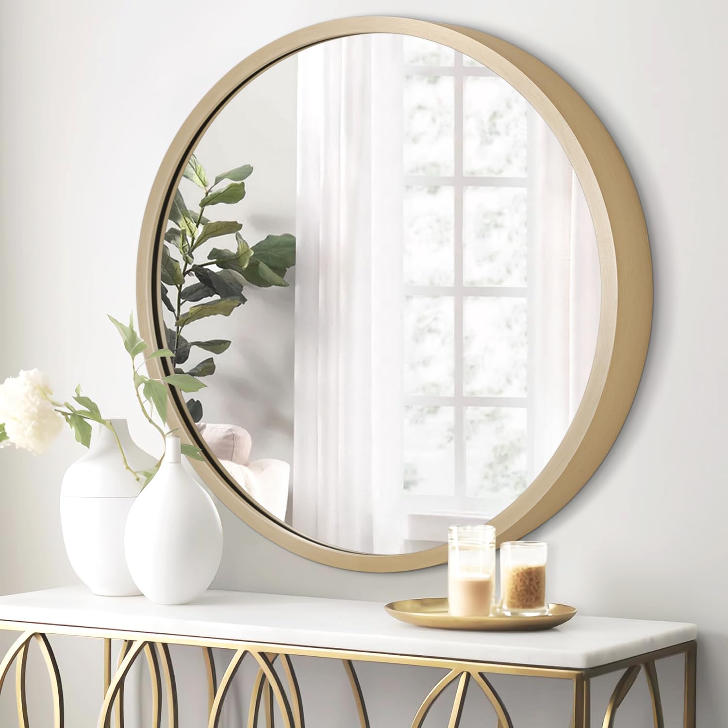 JJUUYOU 50cm Large Modern Round Mirror with Metal Frame Bathroom Mirror Circle Hanging Wall Mirrors Gold Wall Mirrors for Living Room Bedroom Entryway Decor,Bronze