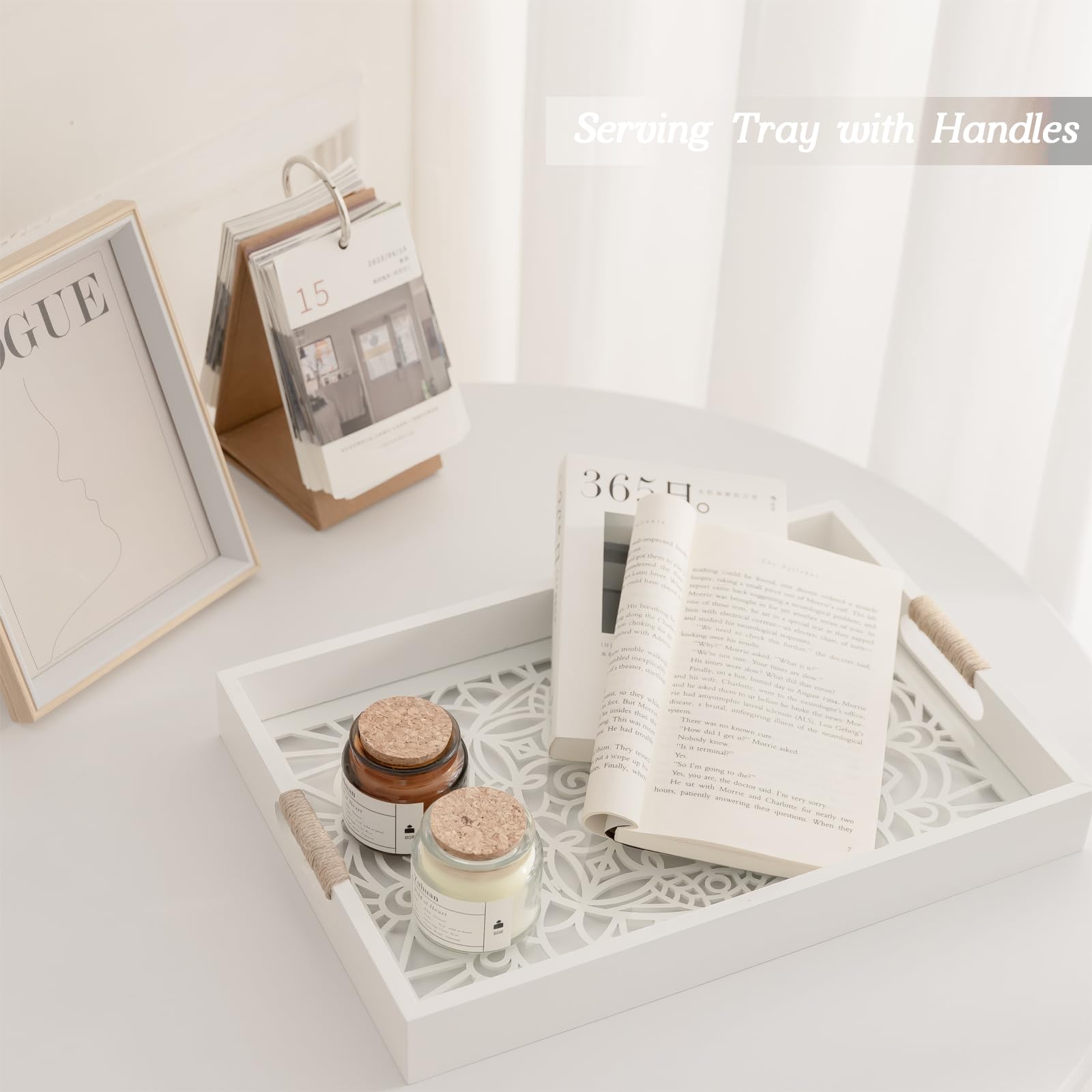 Wooden Serving Tray with Handles, Decorative Tray for Coffee Table Decor, Bathroom Tray for Counter, Ottoman Tray for Living Room, Candles and Perfume Trays for Bedroom, White, 15 * 10.2 Inches