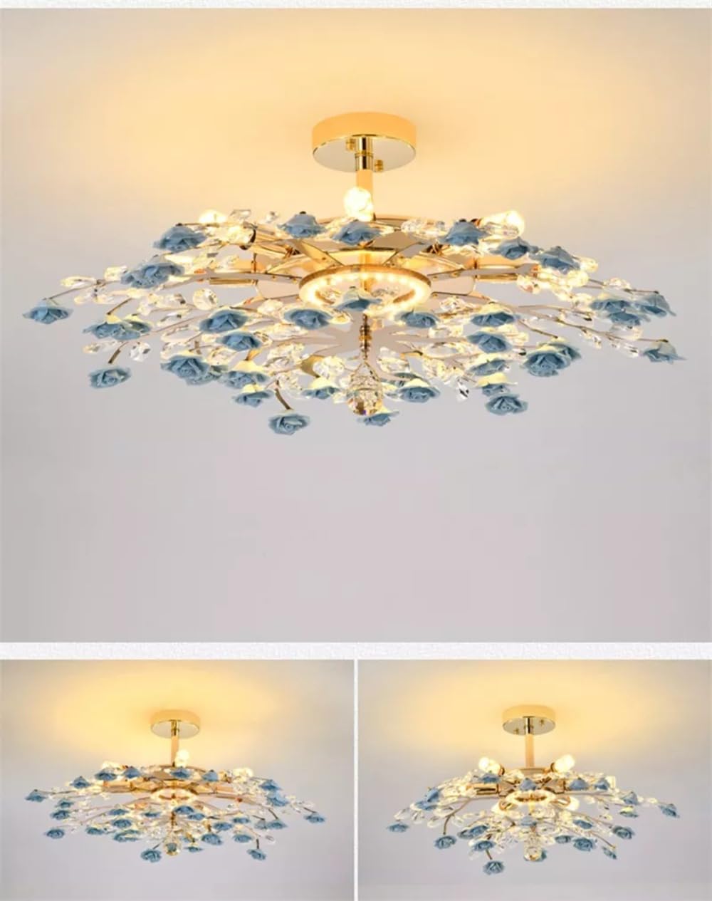 Creativo Lampade a Ciondolo Lampadari di Cristallo Ramo di Luce Casa Led Ceramica Fiore Apparecchio per Soggiorno Sala da Pranzo Decor (Blu D60 cm (1 pz))