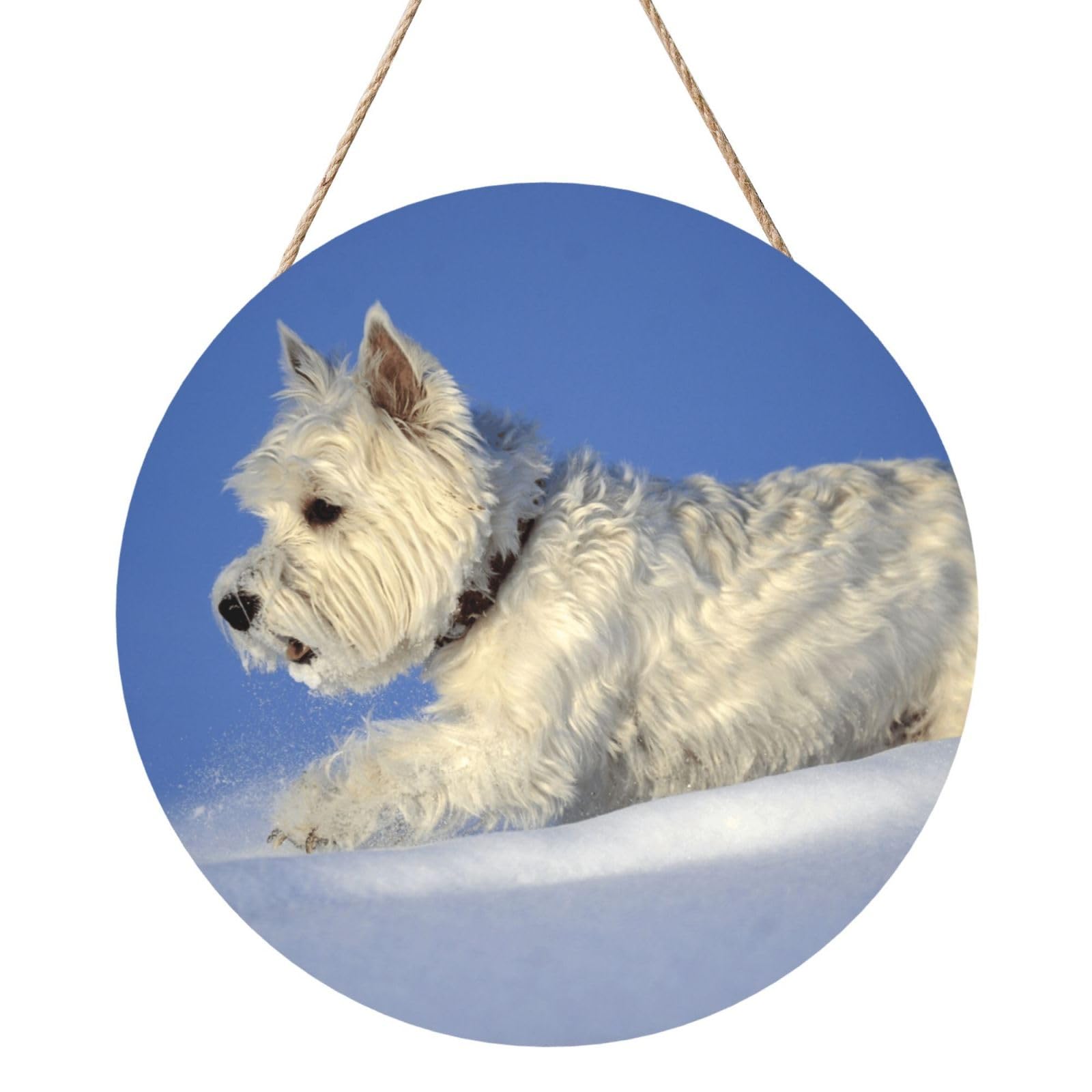 InOmak Westie Winter West Highland White Terrier Dogs, Round Wood Panel Painting 12 in, Wall Hanging Painting For Home