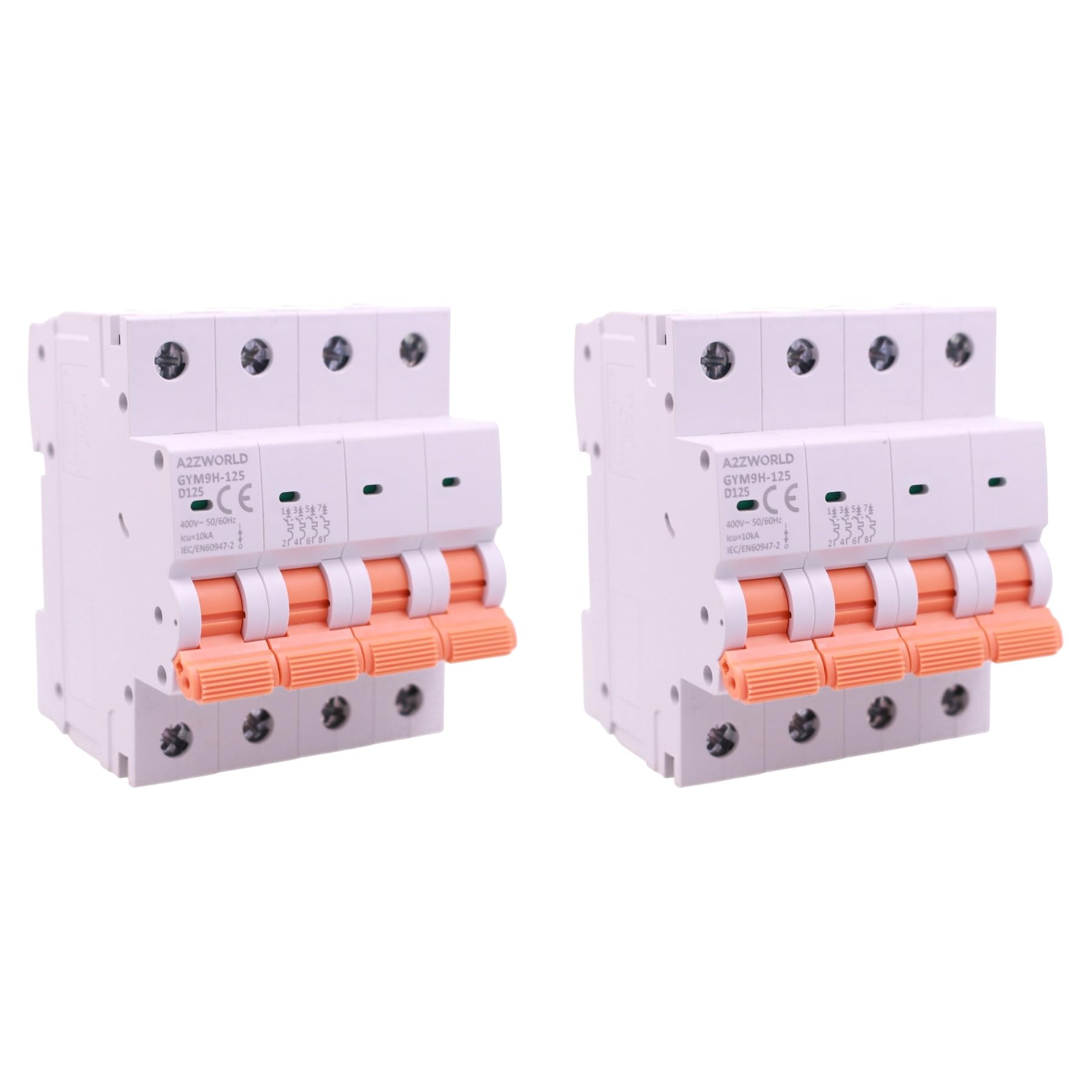 2 interruptores magnetotérmicos trifásicos 4P 125 A D125, curva D 10 kA, 4 módulos DIN 380 V AC, certificado IEC60898-1, serie GYM9H-125 profesional