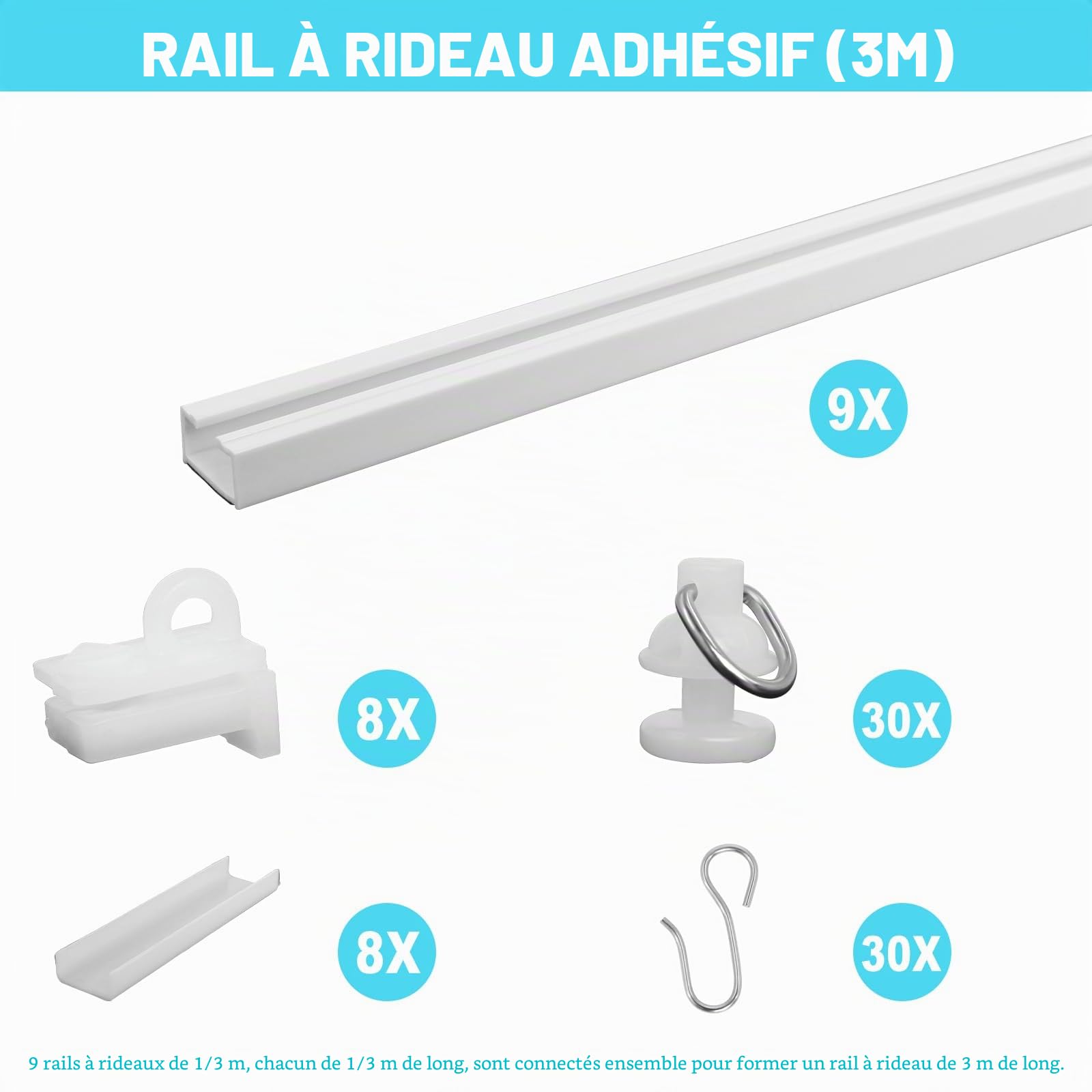 Rails à rideaux, Tringle à Rideau Adhésive, 3 Meter Rail de Rideau Sans Perçage, peut être Utilisé sur les Plafonds et les Murs, Convient à la Maison, au Bureau, à la Caravane
