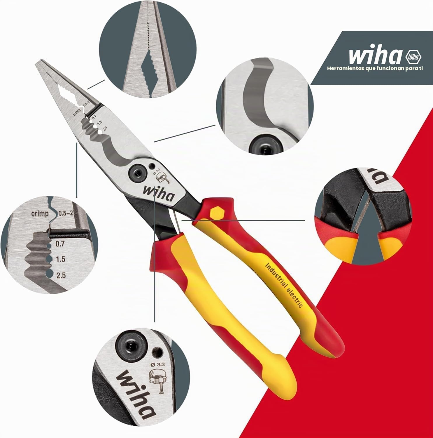 Wiha Alicates multifunción para electricistas 8 en 1 I Crimpar, pelar, cortar, agarrar, desbarbar, doblar, atornillar, cortar tornillos (45705)