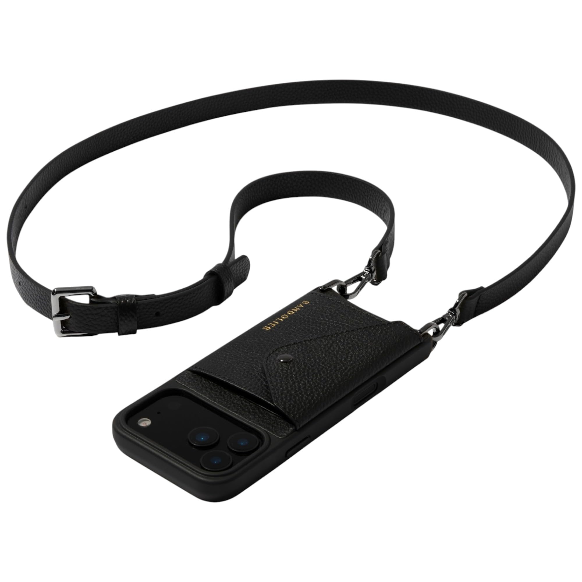 Bandolier Hailey Crossbody Wallet Phone Case for iPhone 17 Pro. 100% Genuine Pebble Leather with Pewter Hardware. Adjustable & Removable Strap.