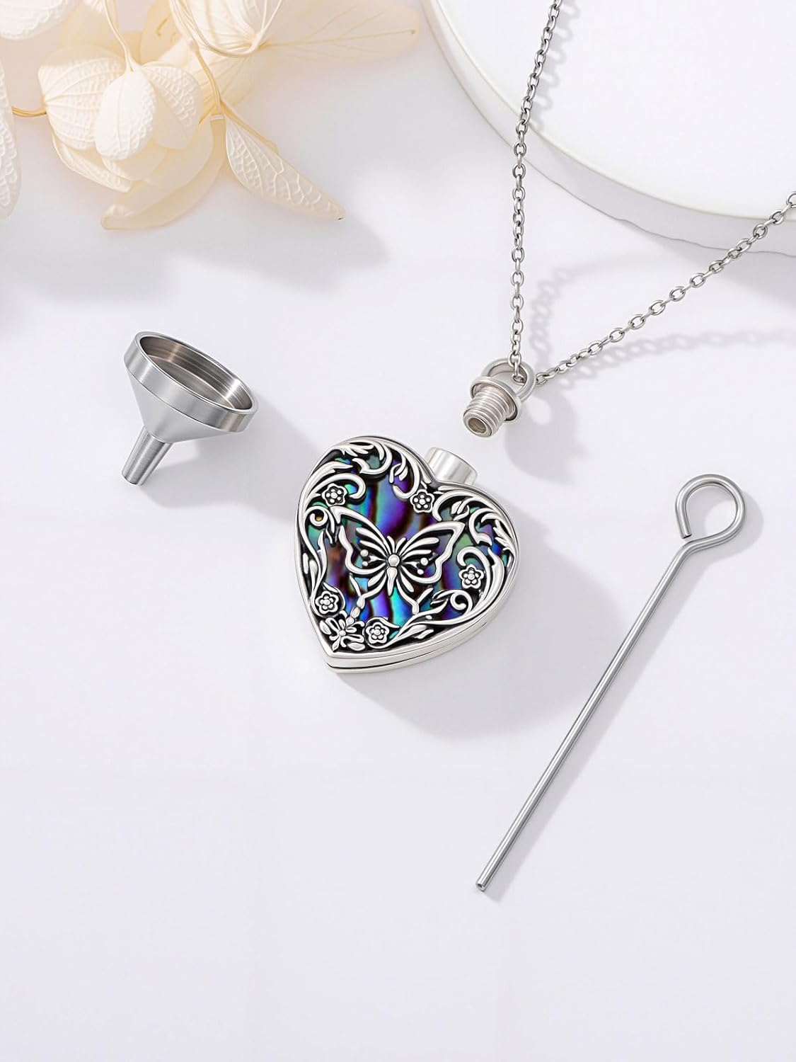 JKR Butterfly/Dragonfly/Ladybug/Bee/Hummingbird Heart Urn Necklace for Ashes for Women Sterling Silver Abalone Shell Cremation Jewelry Memorial with Funnel Filler