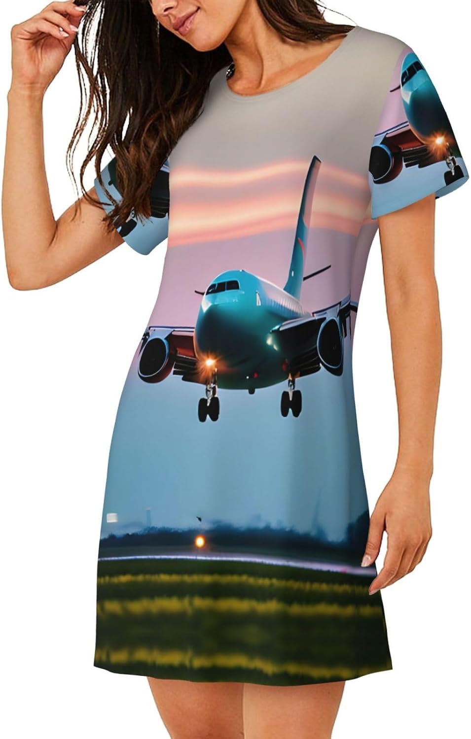 Airplane in The Evening Lights Print Sleep Shirts for Women Short Sleeve Night Shirts for Sleeping Pullover