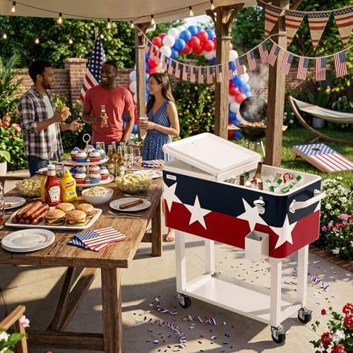 Image of VINGLI Rolling Ice Chest, Portable Patio Party Bar Drink Cooler Cart, with Shelf, Beverage Pool with Bottle Opener
