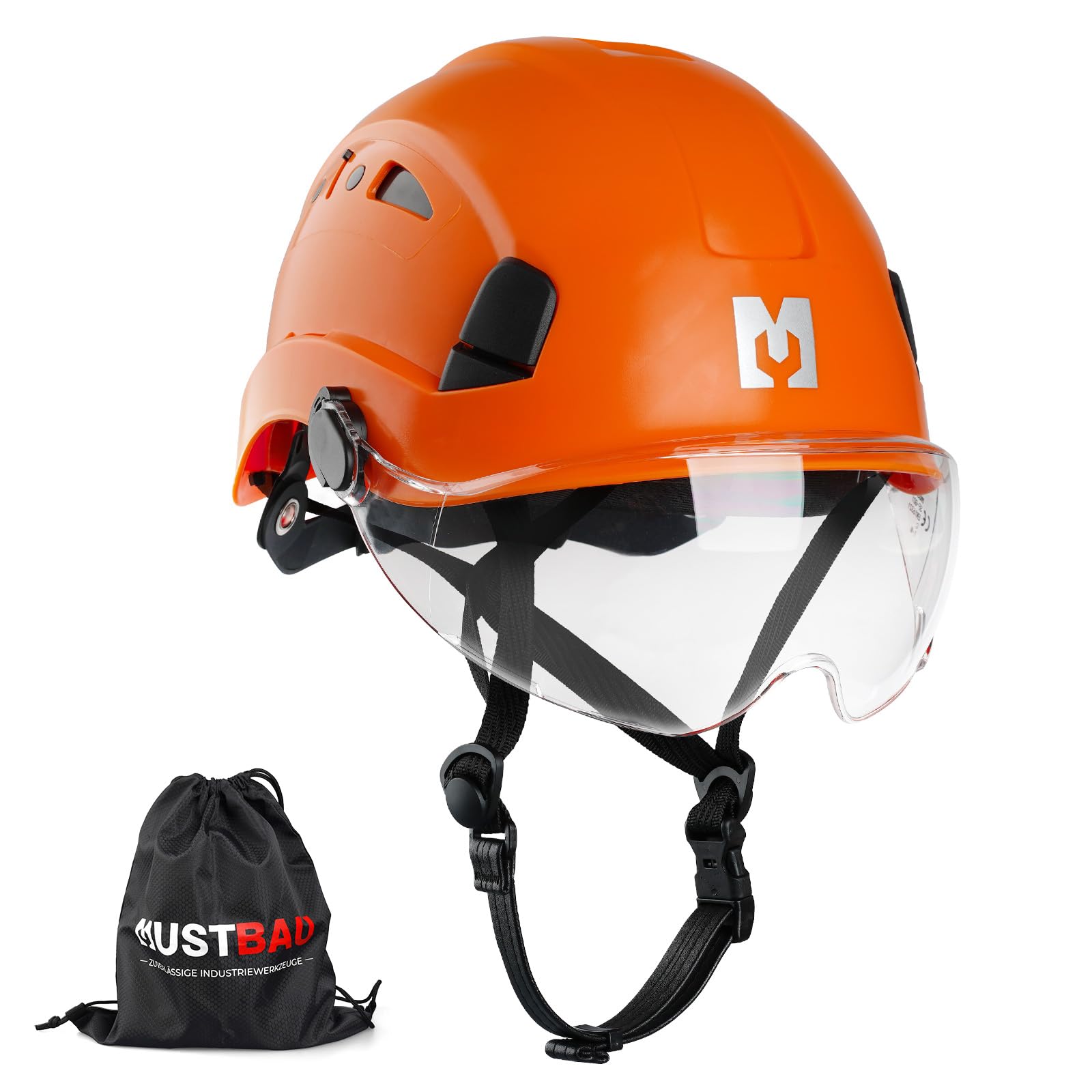 Elmetto rigido di sicurezza da arrampicata con visiera trasparente e sottogola 53-63 cm, ideale per costruttori e lavori in altezza, EN12492
