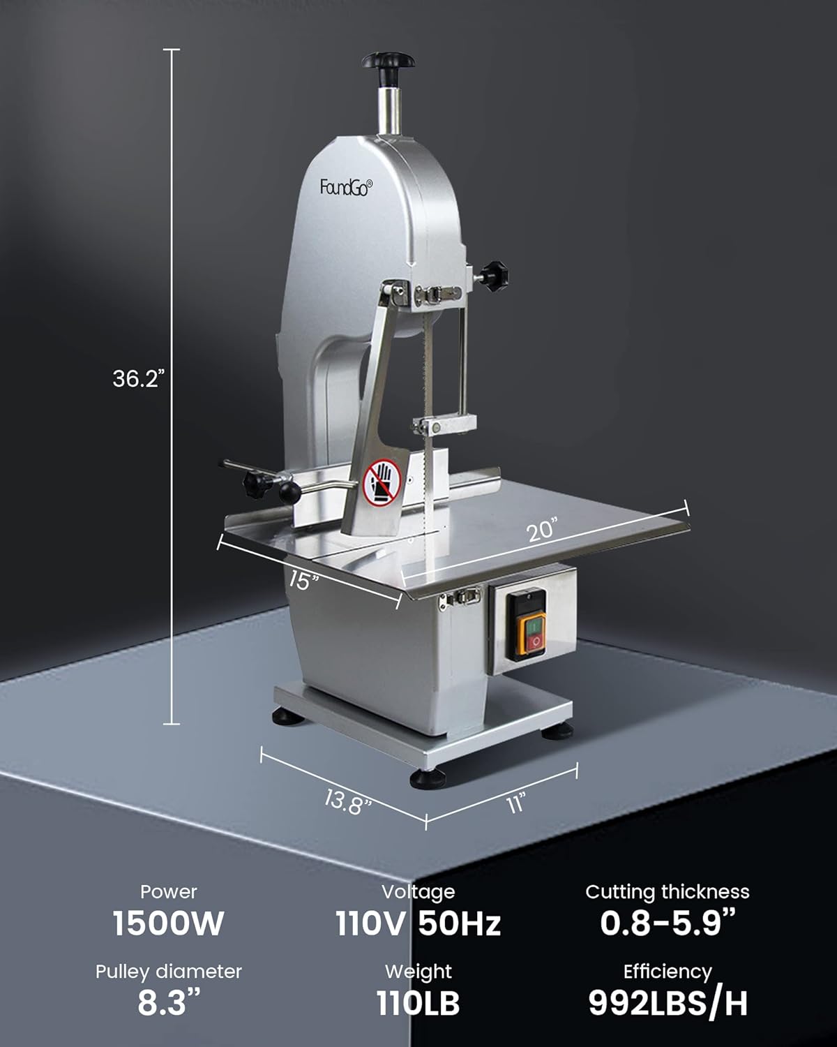FoundGo 1500W Electric Meat and Bone Saw Bone Cutting Machine,Commercial Bone Sawing Machine for Frozen Meat/Trotter/Ribs/Fish/Meat/Bone etc.,with 6 Sawing Blades,110V