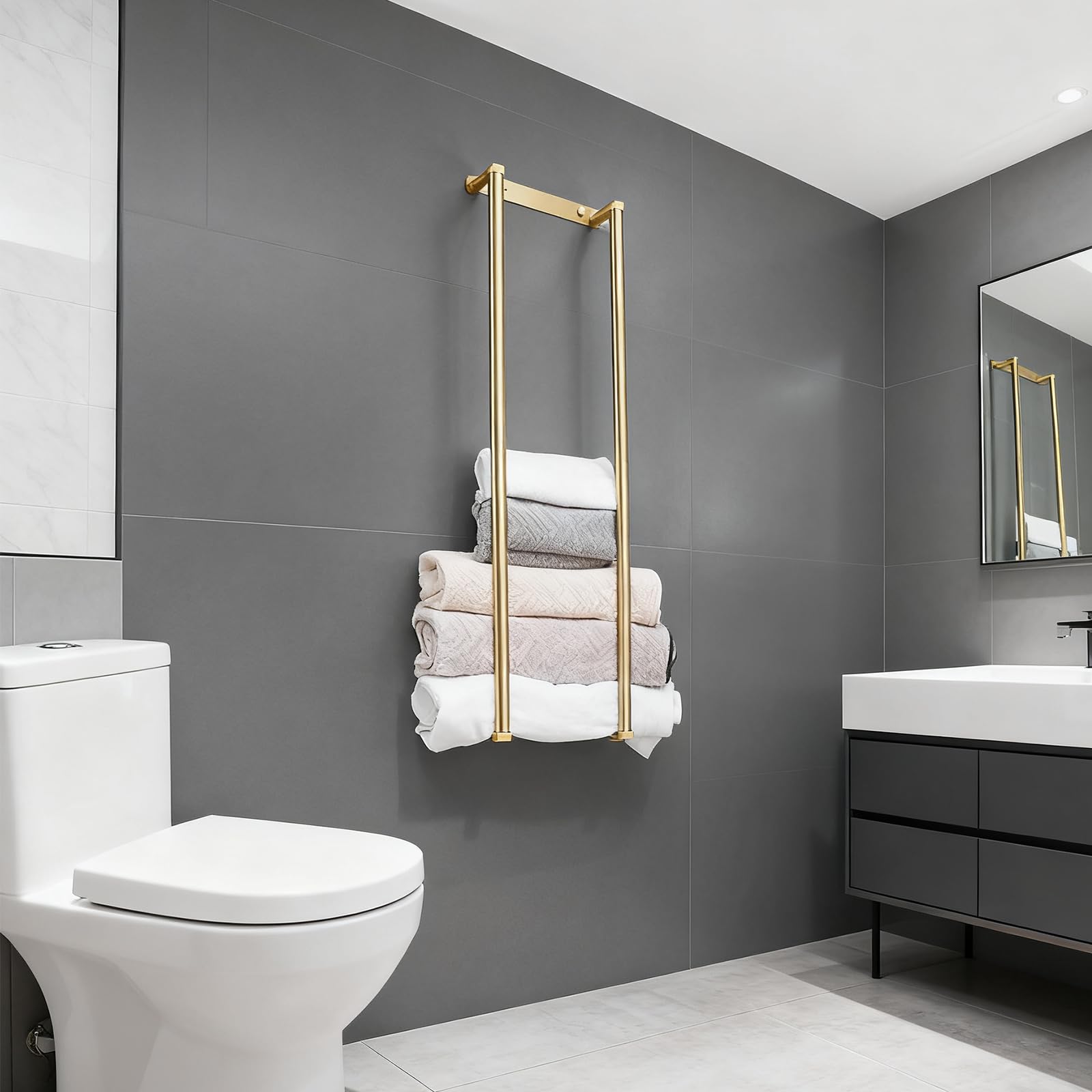 NEWRAIN Porte-serviettes pour salle de bain, en acier inoxydable, porte-serviettes enroulé, support mural pour grandes serviettes pliées, organisation de salle de bain, or brossé