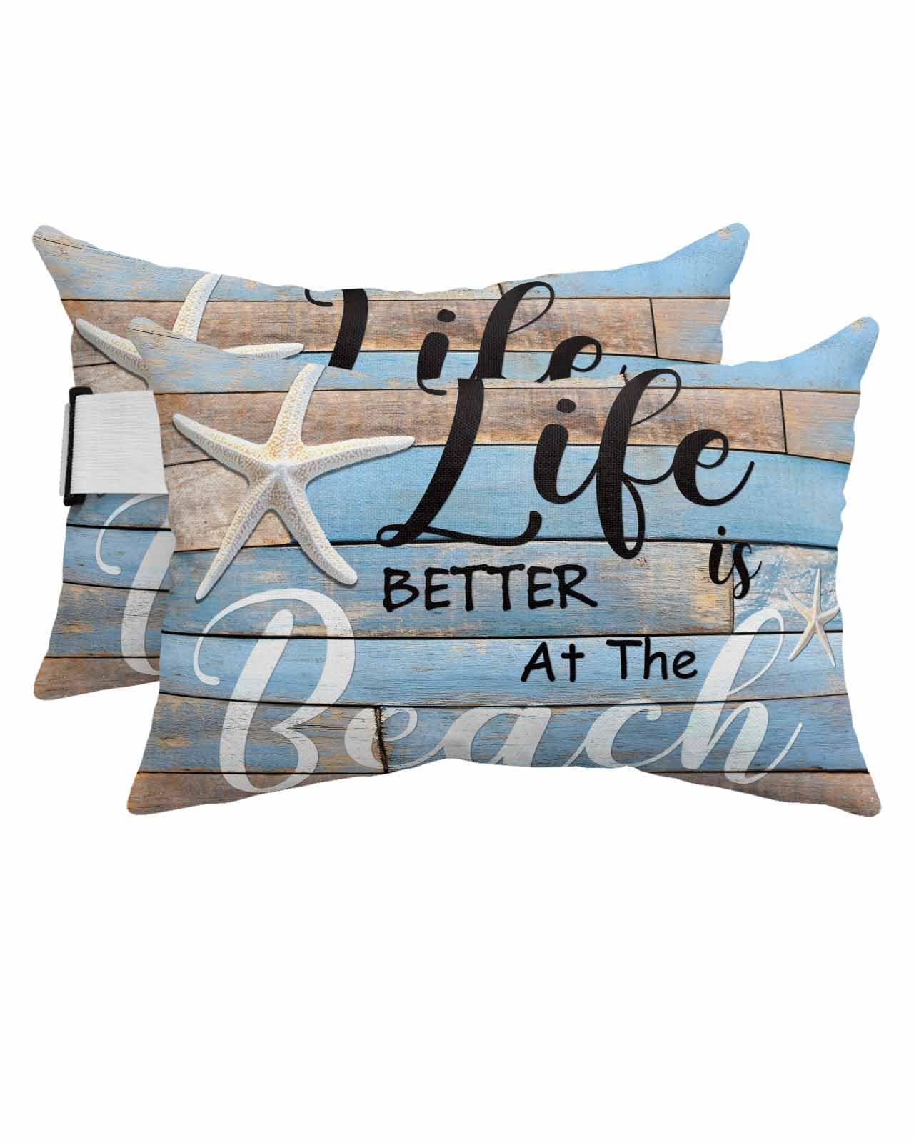 Beach Life with Starfish Outdoor Head Pillows for Recliner Lounge Chair,Pack of 2 Waterproof Throw Pillow Cushion Cases with Insert&Elastic Strap,