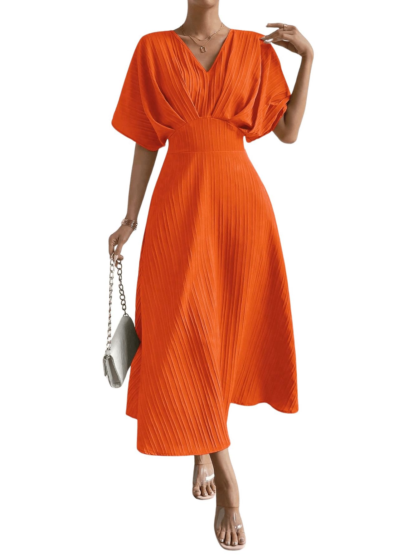 Floerns Women's V Neck Half Sleeve Ruched Cocktail Evening A Line Long Dress