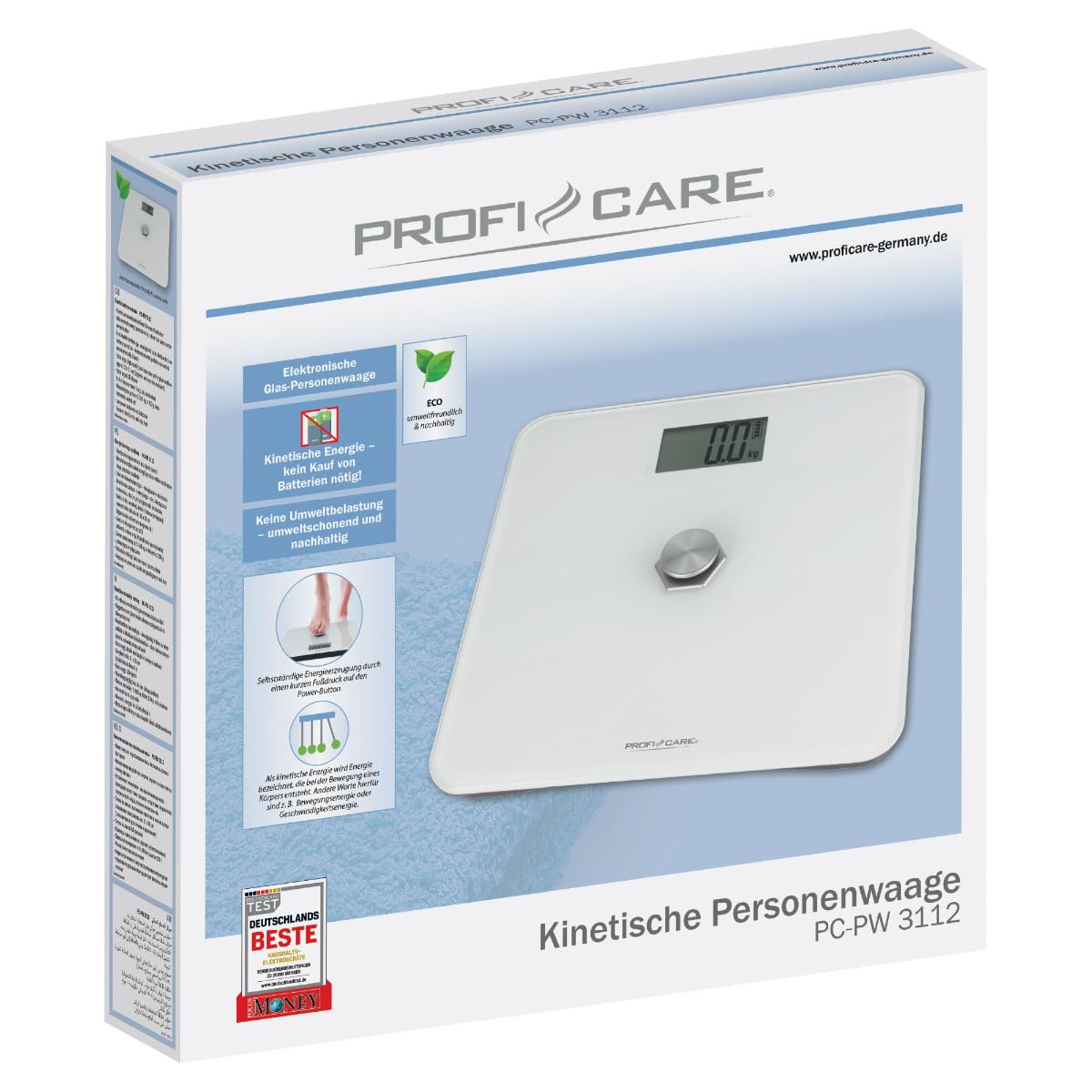 ProfiCare® Personenwaage ohne Batterie | Waage mit Messbereich von 5kg – 180 kg & großem LCD-Display | Personenwaage digital mit kinetischer Energie & Glasoberfläche | PC-PW 3112 weiß