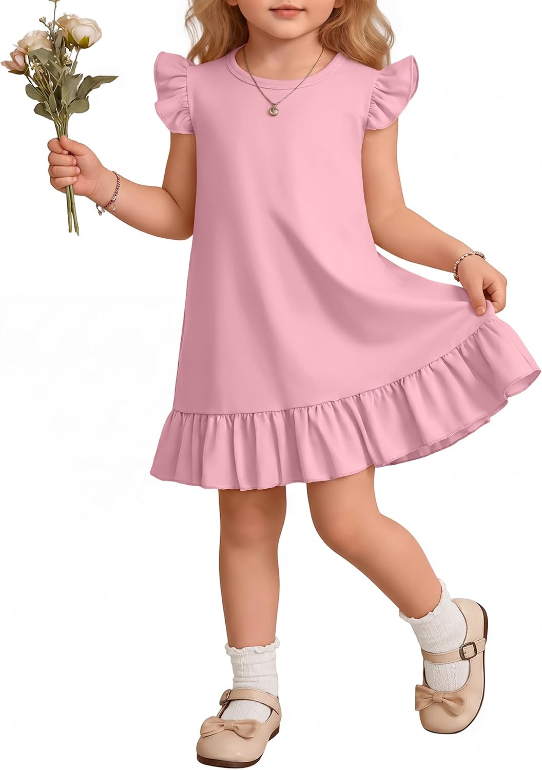 Toddler Girls' Dresses Ruffle Sleeve Crew Neck A line Tiered Swing Sundress Summer Casual Cute Outfits 18M-5T