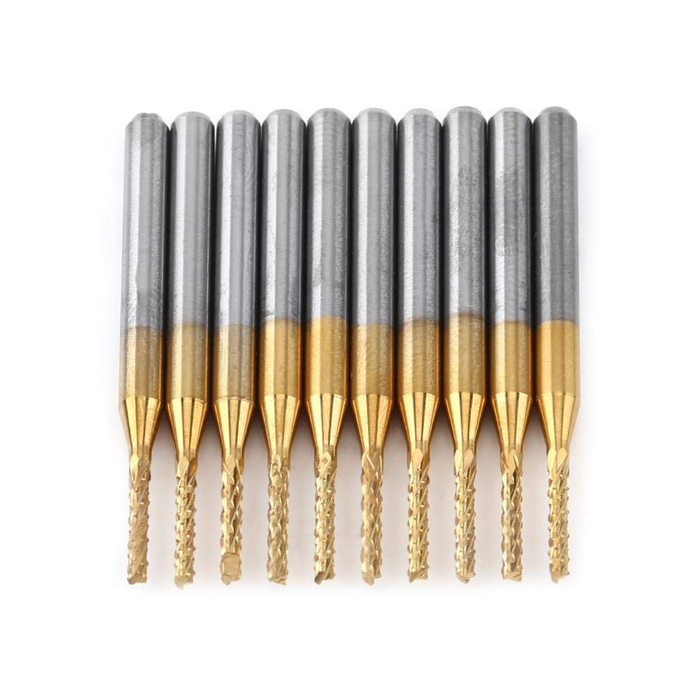 CHICIRIS Fraise en bout en carbure, 10pcs 1.5mm tranchant Fraise en bout CNC P-CB Gravure Bit Tungsten Coating 1/8"Shank