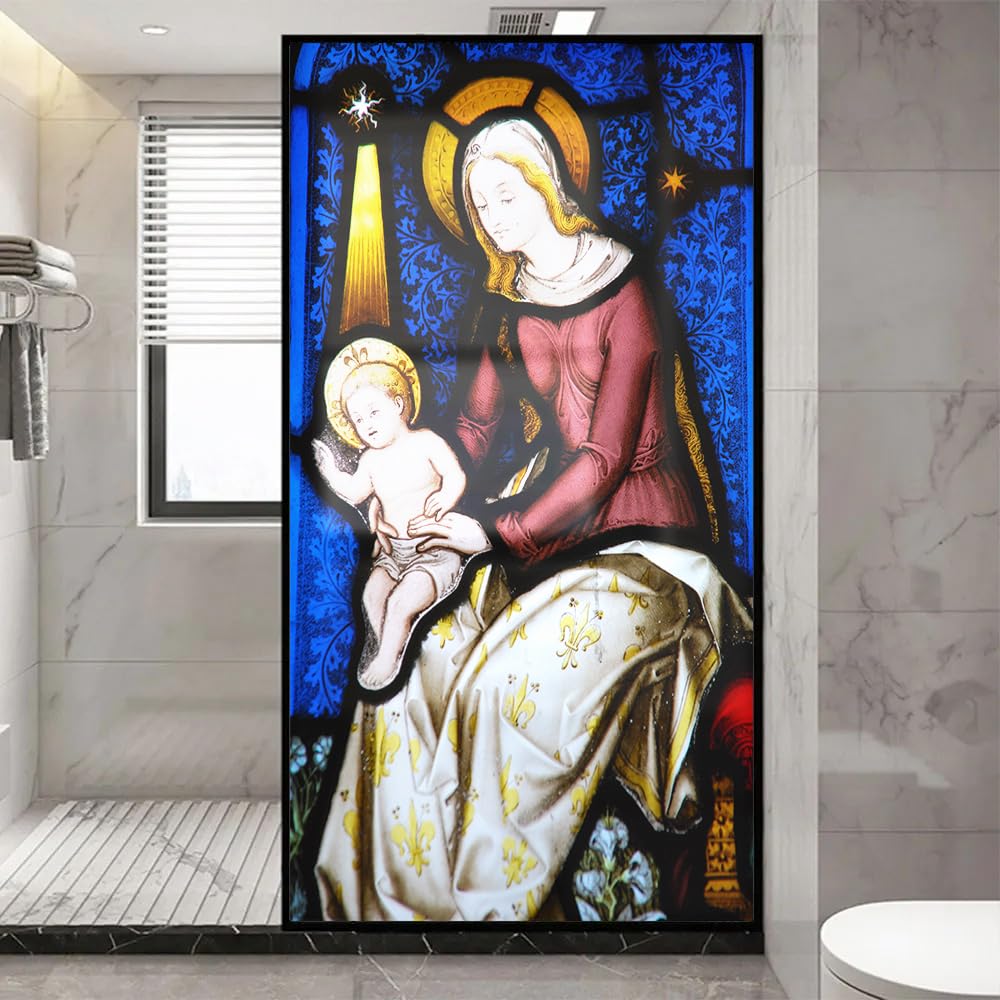 Church Style Stained Glass Window Film Decorative Privacy Non Adhesive Window Stickers for Home Office J7 40x100cm(15.7