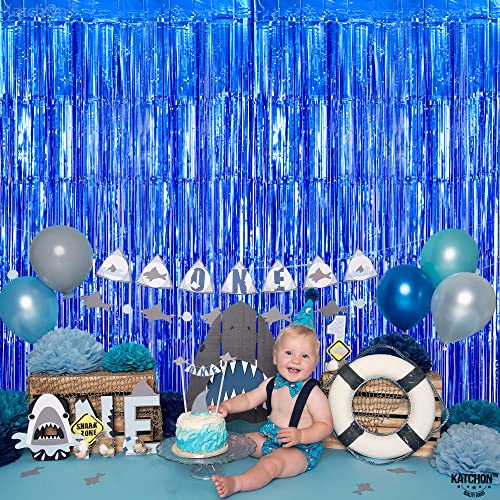 Image of KatchOn, Metallic Blue Backdrop Curtain - Pack of 2 | Blue Streamers for Royal Blue Party Decorations | Foil Fringe Streamers for Under The Sea Party Decorations, Mermaid Bachelorette Decorations