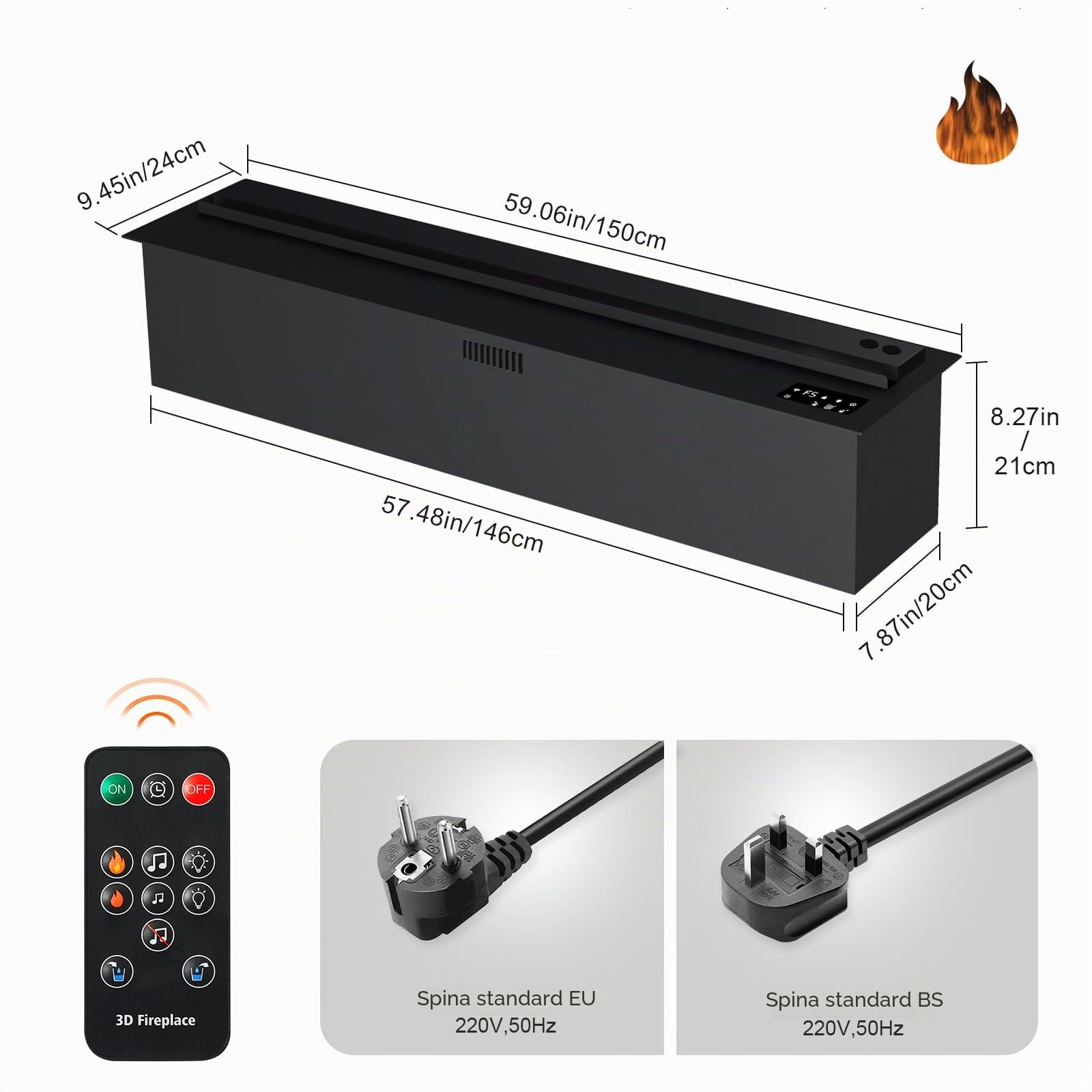 Camino a vapore Mexhom, Camino elettrico a fiamma 3D, 150cm Nessun calore | 3D effetto fiamma, adatto per camera da letto, soggiorno, mobili, animali domestici, umidificatore, silenzioso