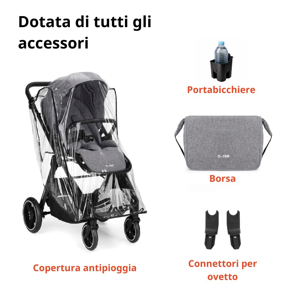 Nurse Wander Trio Carrito de Bebé 3 en 1, Capazo, Silla de Paseo y Silla de Coche i-Size, Plegado Compacto, con Accesorios, Gris