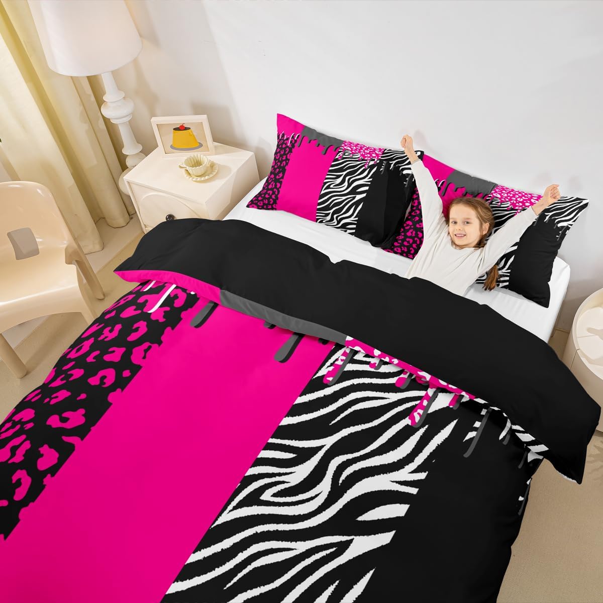 Feelyou Leopard Bedding Set for Girls Boys Kids Full Size Hot Pink Black White Cheetah Comforter Cover Set Room Decorative Animal Print Duvet Cover Safari Zebra Bedspread Cover 3Pcs Bedclothes
