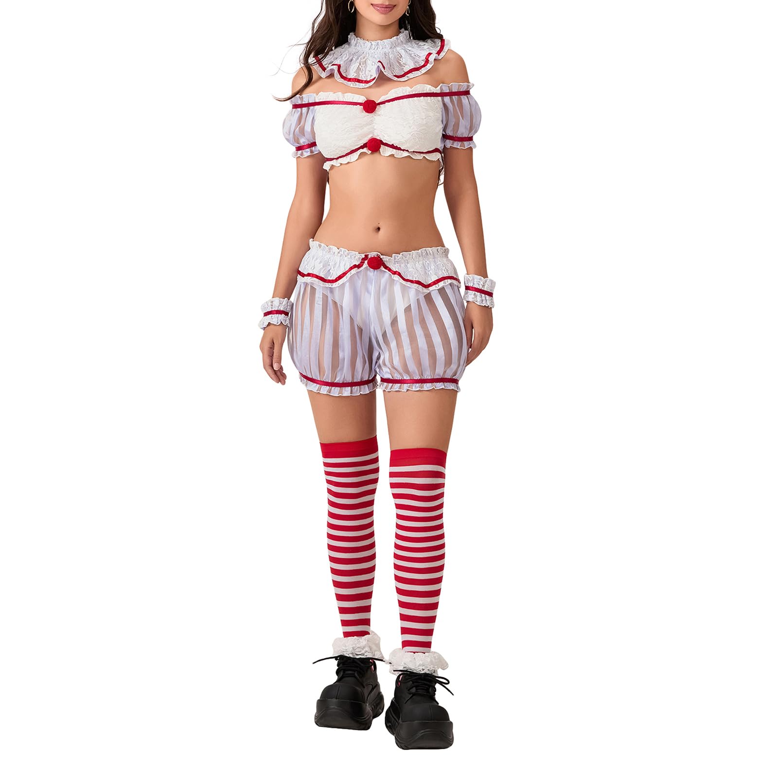 SANSIWU Womens Clown Costume,Off Shoulder Deadly Darling Clown Costume Killer Clowns Jumpsuit+Sleeves+Collar+Hat+Stockings 5 Pcs Circus Jester Costumes (D-01, S) — image 1