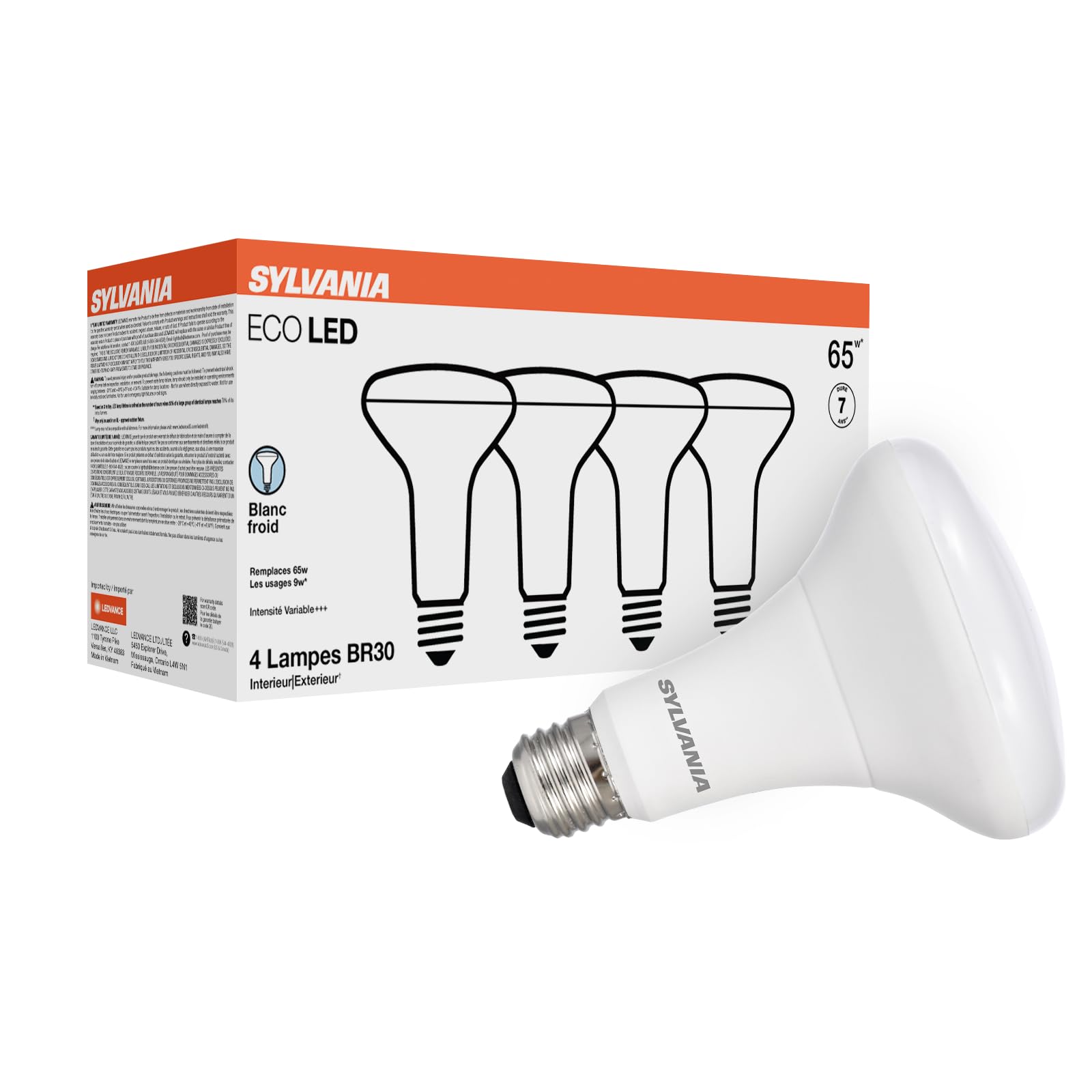 Sylvania ECO LED BR30 Light Bulb, 65W = 9W, Dimmable, Frosted Finish, 650 Lumens, 4000K, Cool White - 4 Pack (41102)