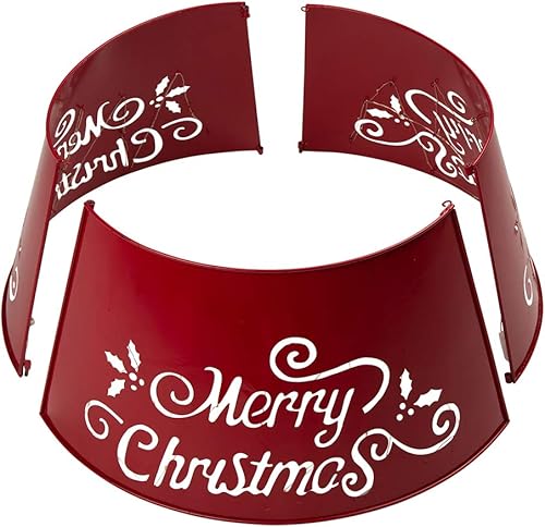 Miniatura 5 de glitzhome - Pie para árbol de Navidad de metal de 26 pulgadas de diámetro y diseño troquelado de Merry Christmas (Feliz Navidad) con extensión de