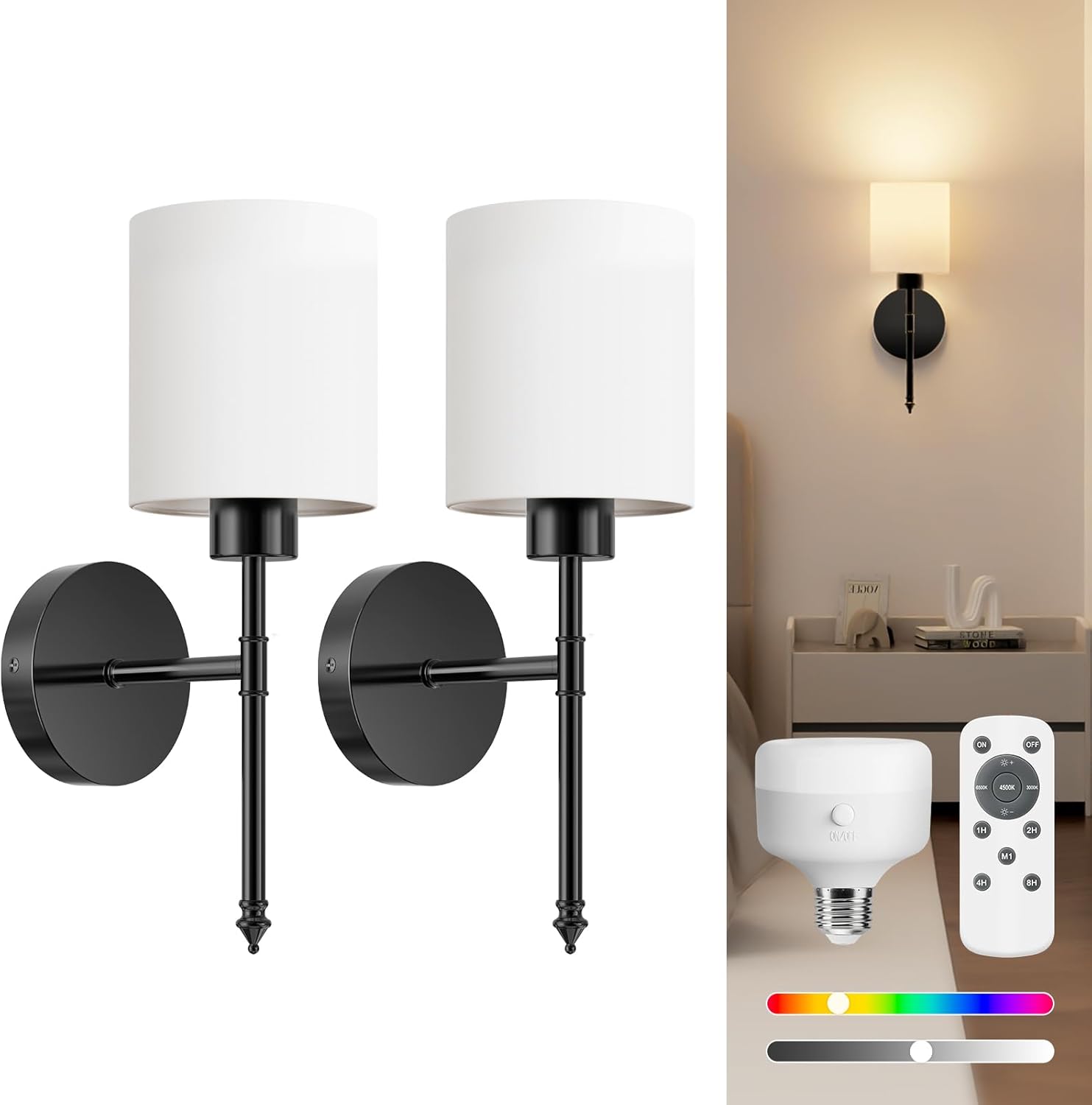 NIORSUN 15 inch Battery Operated Wall Sconce Set of 2, Black Wireless Rechargeable Wall Lights with 5200mAh Dimmable Detachable Bulbs and Remote, 9 Colors Sconces Wall Decor for Bedroom Living Room Black 15 inch