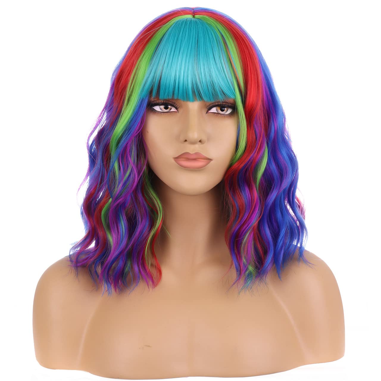 Rainbow Wig Short Curly Wavy Wig Rainbow Wigs with Bangs Rainbow Wigs for Women Colored Wigs for Cosplay Costume Party with Wig Cap