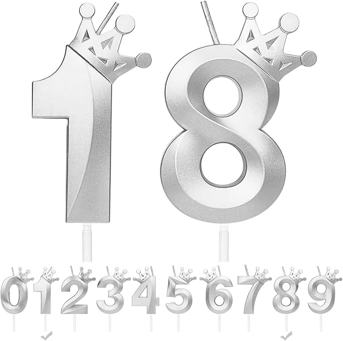 Birthday Candles Numbers 18, Silver Birthday Candles with Crown, 3D Cake Decoration, Birthday
