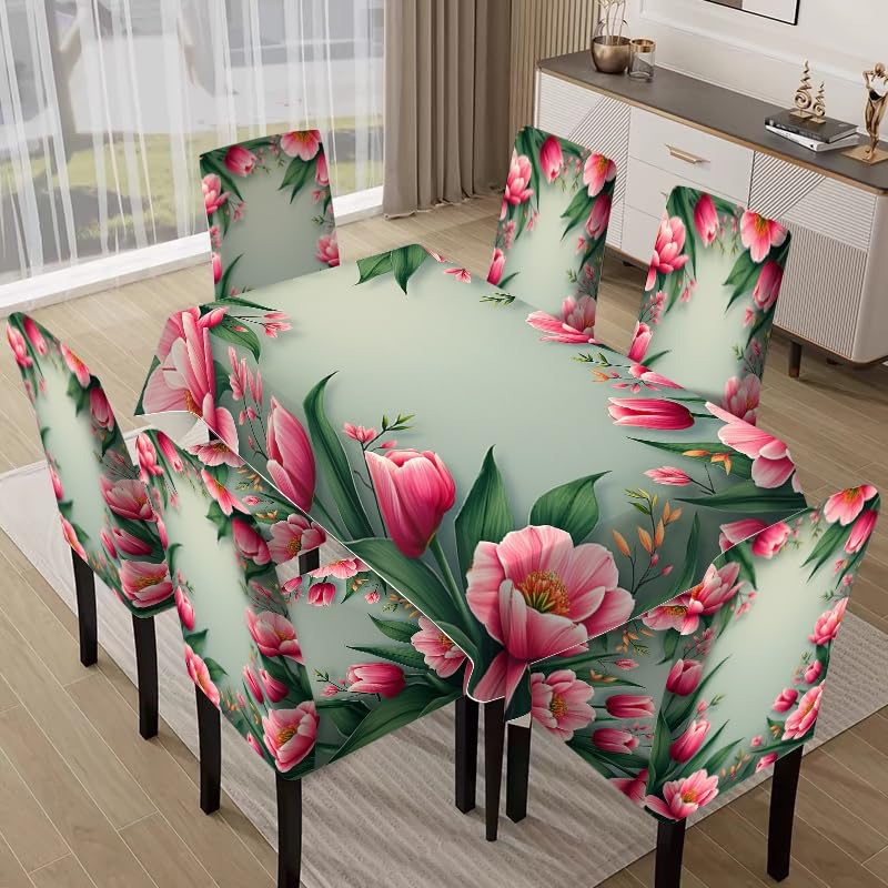 Nappe de table de fête avec housses extensibles imprimé fleurs roses - 5