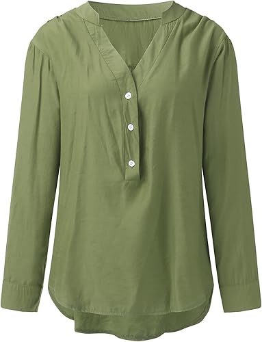 Miniatura 3 de FEDULKSTORE Camisa casual con botones para mujer, de algodón, lino, con cuello de manga larga, ajuste holgado, cuello en V