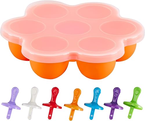 Miniatura 10 de TEIBVG Moldes de silicona para paletas, moldes para paletas de hielo de 7 cavidades, contenedor de almacenamiento de alimentos para bebés con tapa,