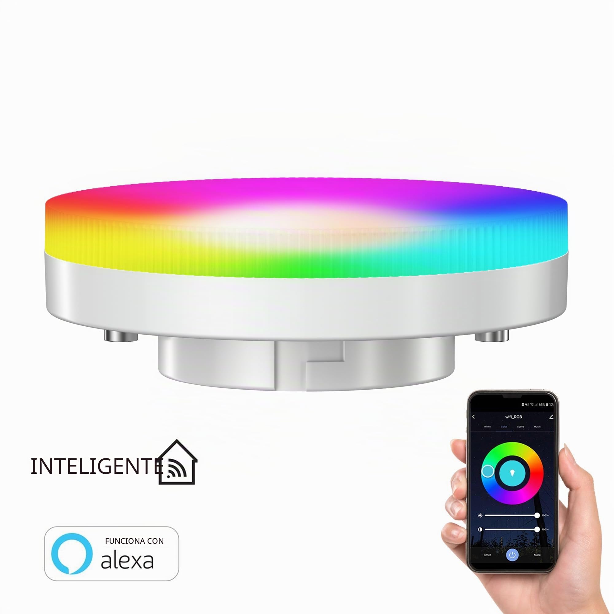 ledscom.de 4 bombillas LED RGB GX53, blanco cálido - blanco frío (2900-6100 K), 6,6 W, 670 lm, 107°, Smart Home, WLAN, Alexa, mate