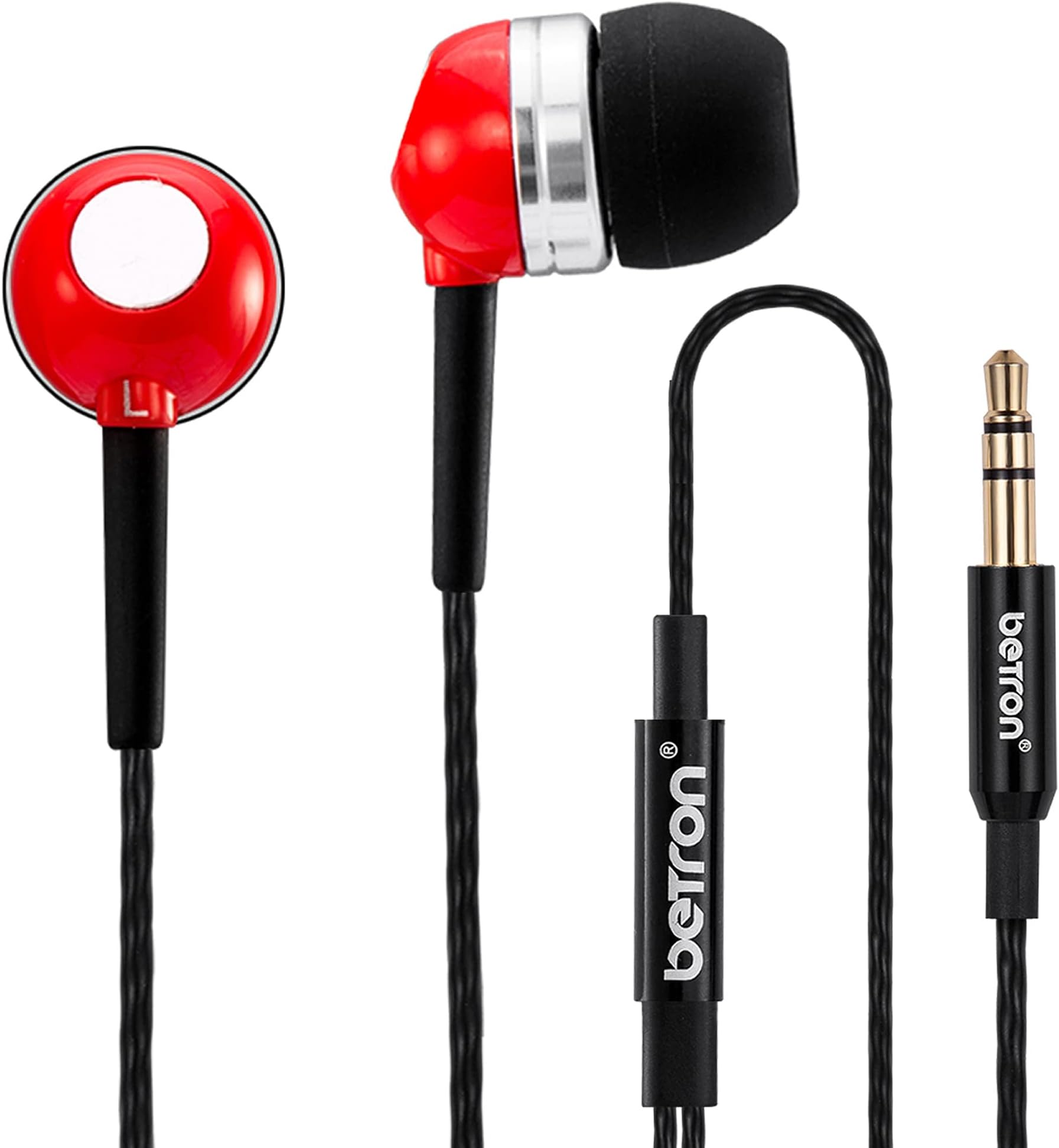 Betron RK300 in Ear Headphones Earphones Wired with Noise Isolating Earbuds Tangle Free Cord Lightweight Carry Case Soft Ear Buds 3.5mm Plug (Red)