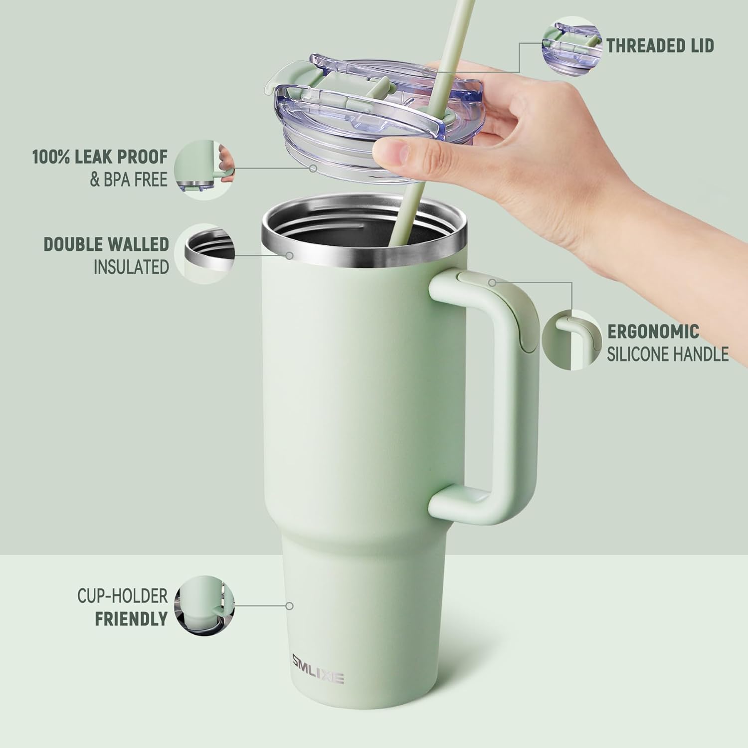 40 oz Tumbler with Handle and Straw Lid,Insulated Reusable Stainless Steel Water Bottle Travel Mug，Cupholder Friendly Double Wall Vacuum Sealed Cup (Light Green) - Image 2