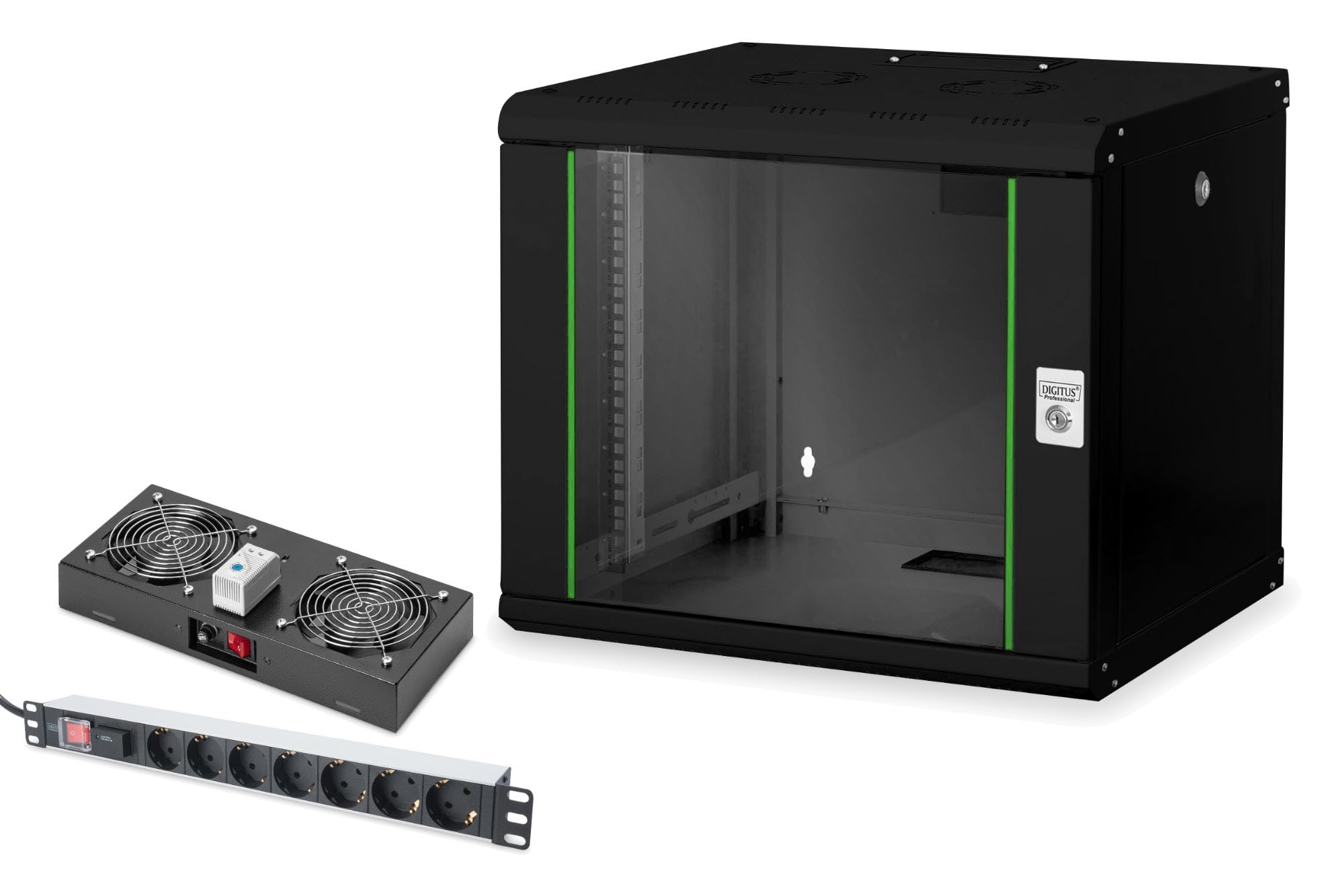 DIGITUS Set: Armoire réseau 19" 9U + Ventilateur de Toit + Bloc multiprise 7 Ports // Rack 19 Pouces - Montage Mural - 450mm de Profondeur - Charge 100kg - Profondeur utile 305-370 mm - Noir