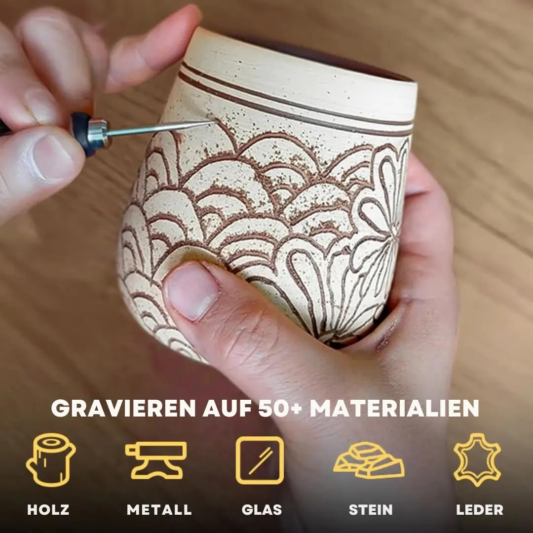 Creative Pen Gravurstift für DIY & Kunstprojekte, 30 Gravierköpfe, geeignet für 50+ Oberflächen, wiederaufladbar, ergonomisch und kabellos.