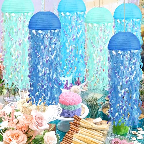 Image of Jellyfish Paper Lanterns 6pcs Under The Sea Party Decorations, Pink Hanging Jelly Fish Paper Lantern for Mermaid Ocean Theme Birthday Party Baby Shower Room Decor