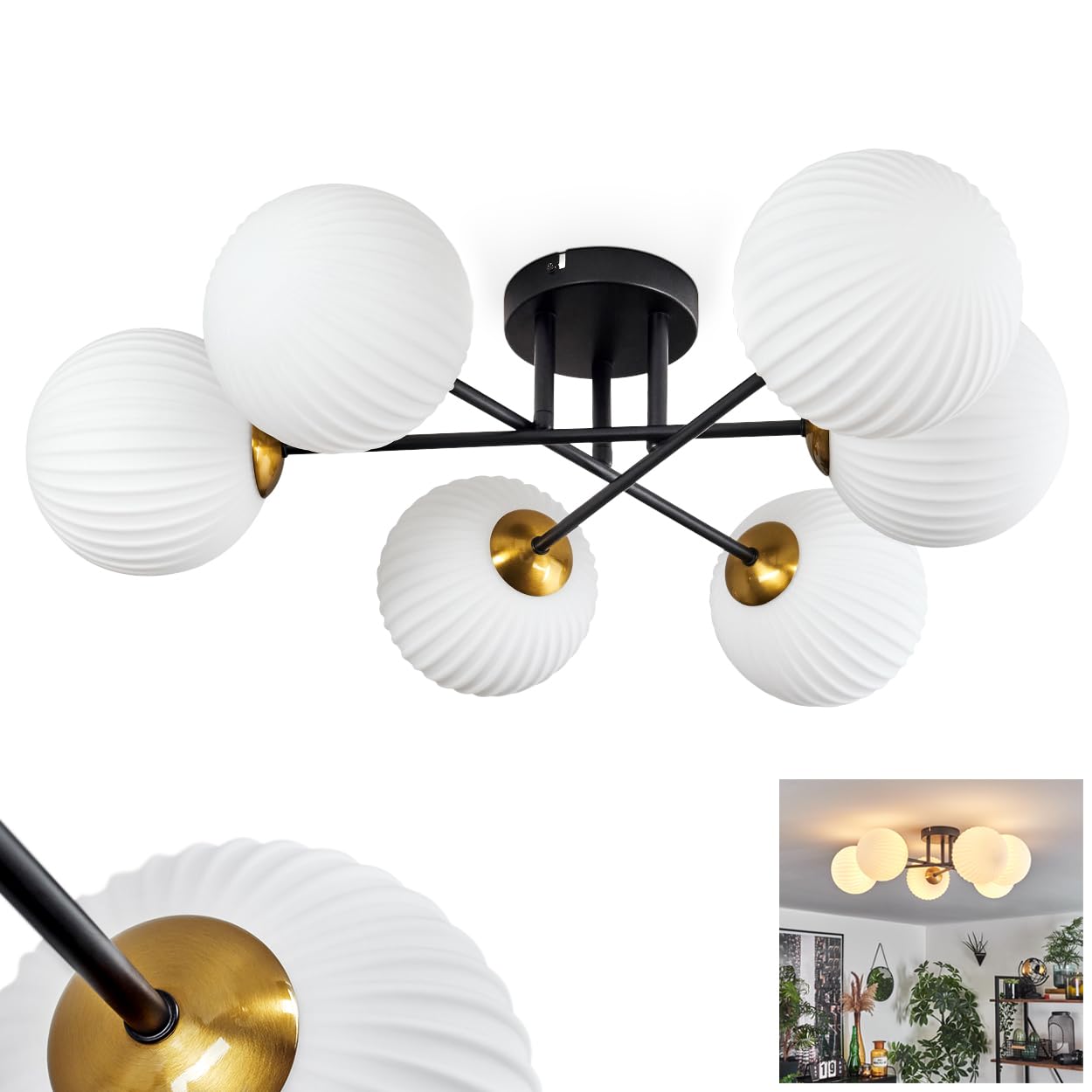 HOFSTEIN Chehalis Ceiling Light, Ceiling lamp Made of Metal/Fluted Glass in Black/Gold Colour/White, luminaire in Modern Retro/Vintage Design with Glass Shades (Ø 15 cm), 6 x G9, Without Bulbs