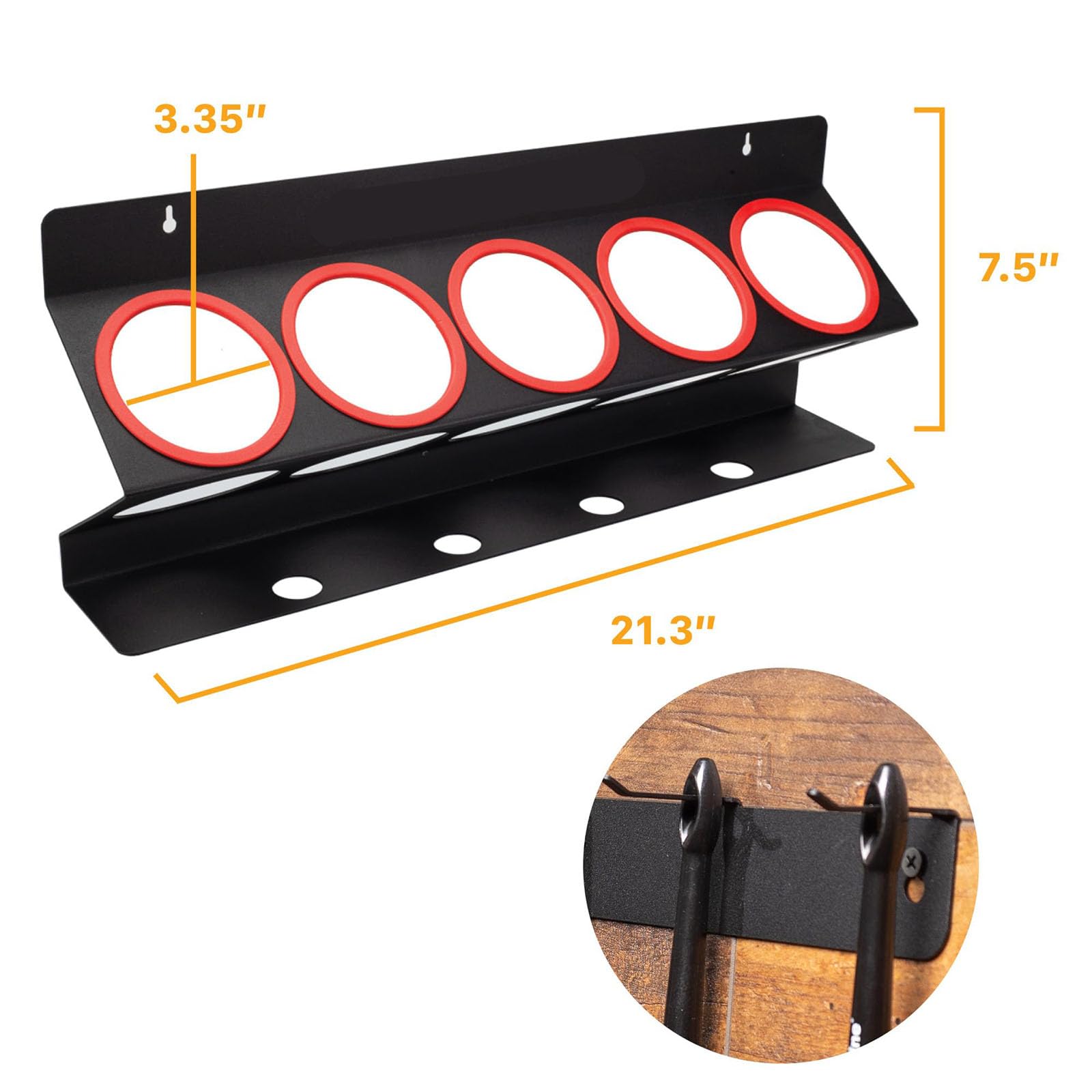 Estructura de almacenamiento de garaje para montaje en pared, organiza 5 botellas de espolvorear y herramientas, incluye 4 cavidades adicionales para accesorios, construido con planificador de