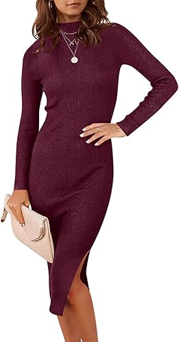 ANRABESS Vestido de suéter acanalado de manga larga para mujer, con cuello de tortuga, corte entallado, con abertura