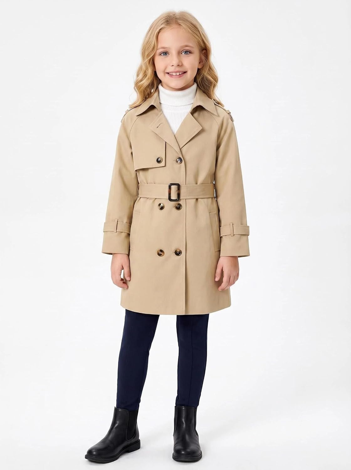 Girls Waterproof Trench Coat Double Breasted Rain Jacket 6-14 Year 6-14 Year khaki