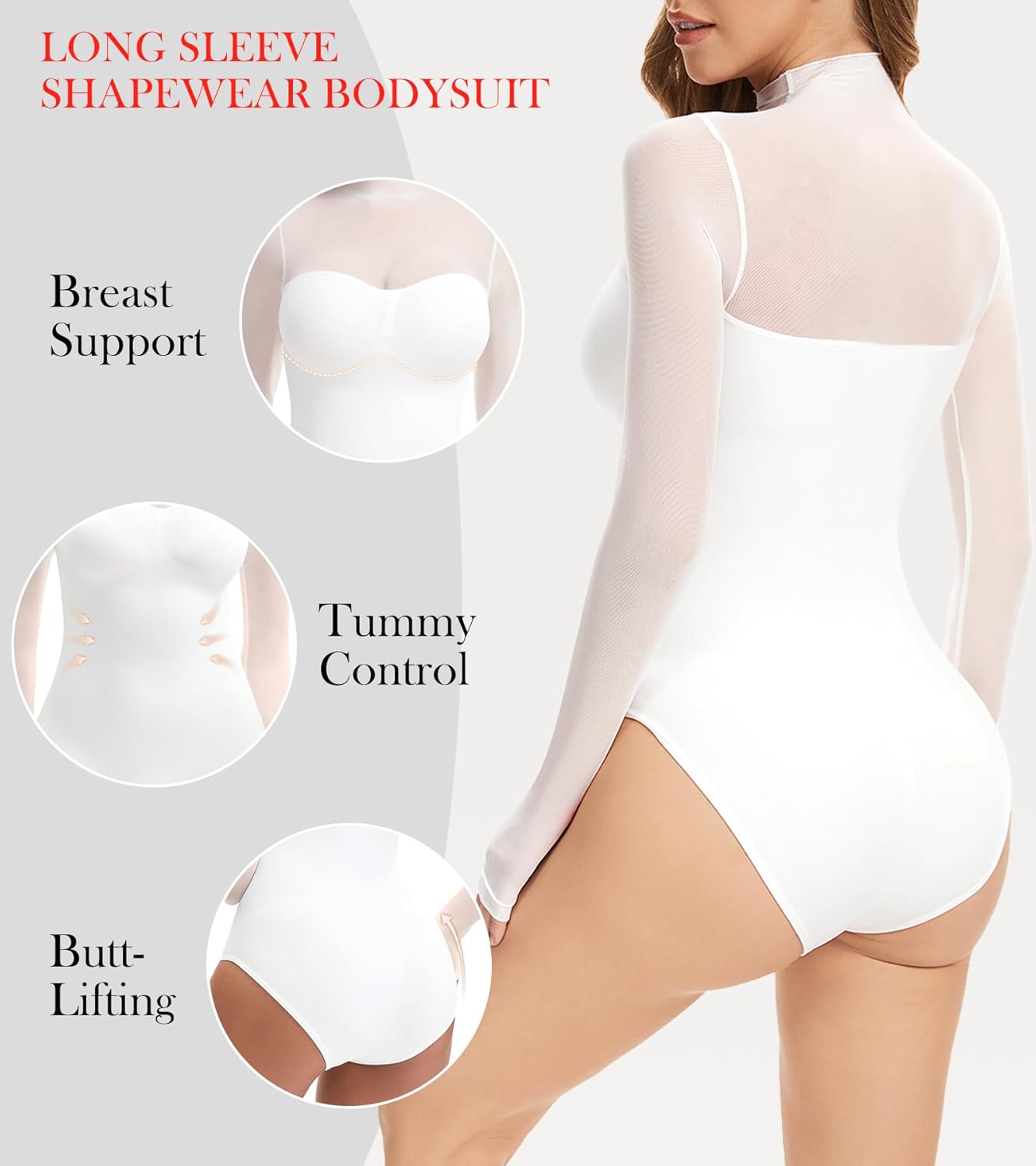 Women Mesh Long Sleeve Shapewear Bodysuit for Tummy Control Seamless Body Suits - Image 2