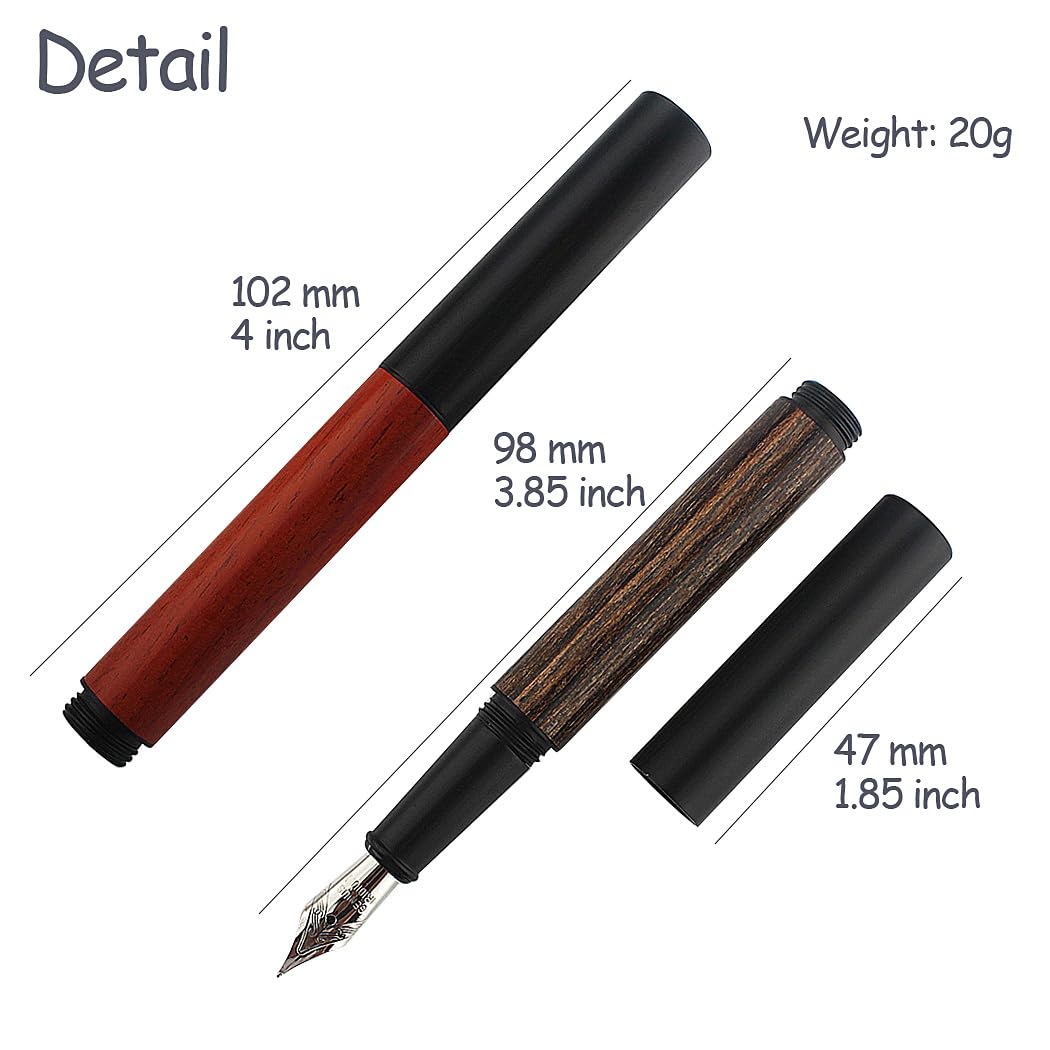 Penna Stilografica Tascabile In Legno E Metallo - 102mm Con Pennino Fine 0.5mm - 20 Cartucce Inchiostro Nero Incluse