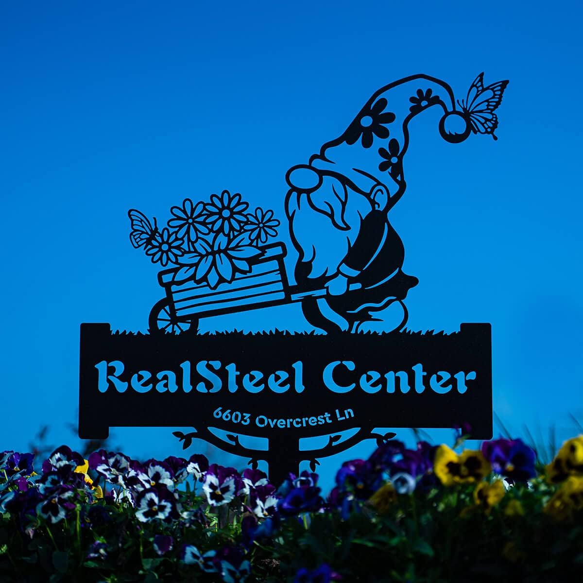 Custom Garden Gnome Monogram Metal Yard Sign – Personalized Outdoor Decor with Gnome & Wheelbarrow – Custom Name House Sign, Cute Garden Art, Patio & Lawn Decoration - (Gold, 14" x 20")