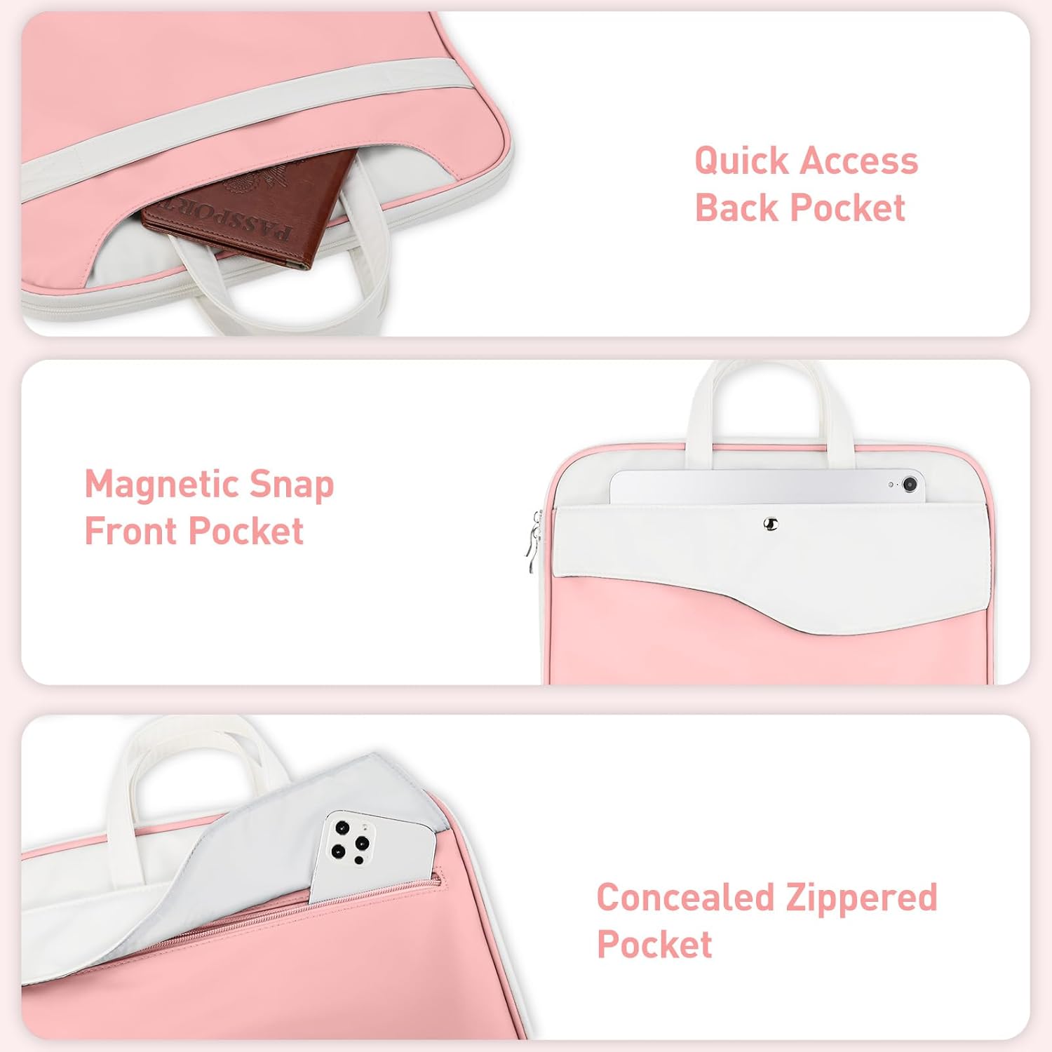 DTTO 14 Inch Laptop Sleeve Case, TSA Waterproof PU Leather Computer Carrying Case Shockproof Protective Laptop Bag with Handle for 13-14" MacBook HP Dell Lenovo ASUS Acer Chromebook, Pink White