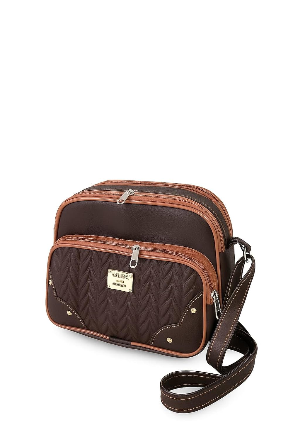 Bolsa Feminina Transversal Couro Ecológico – Moderna e Versátil – 3 Compartimentos com Zíper, Alça Ajustável (Preto/Marrom)