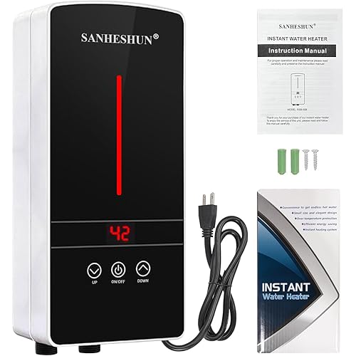 Electric Tankless Water Heater, 3000W 110V Instant Hot Water Heater, LED Touch Screen Switch Adjustable Temperature for Bathroom Kitchen - Black